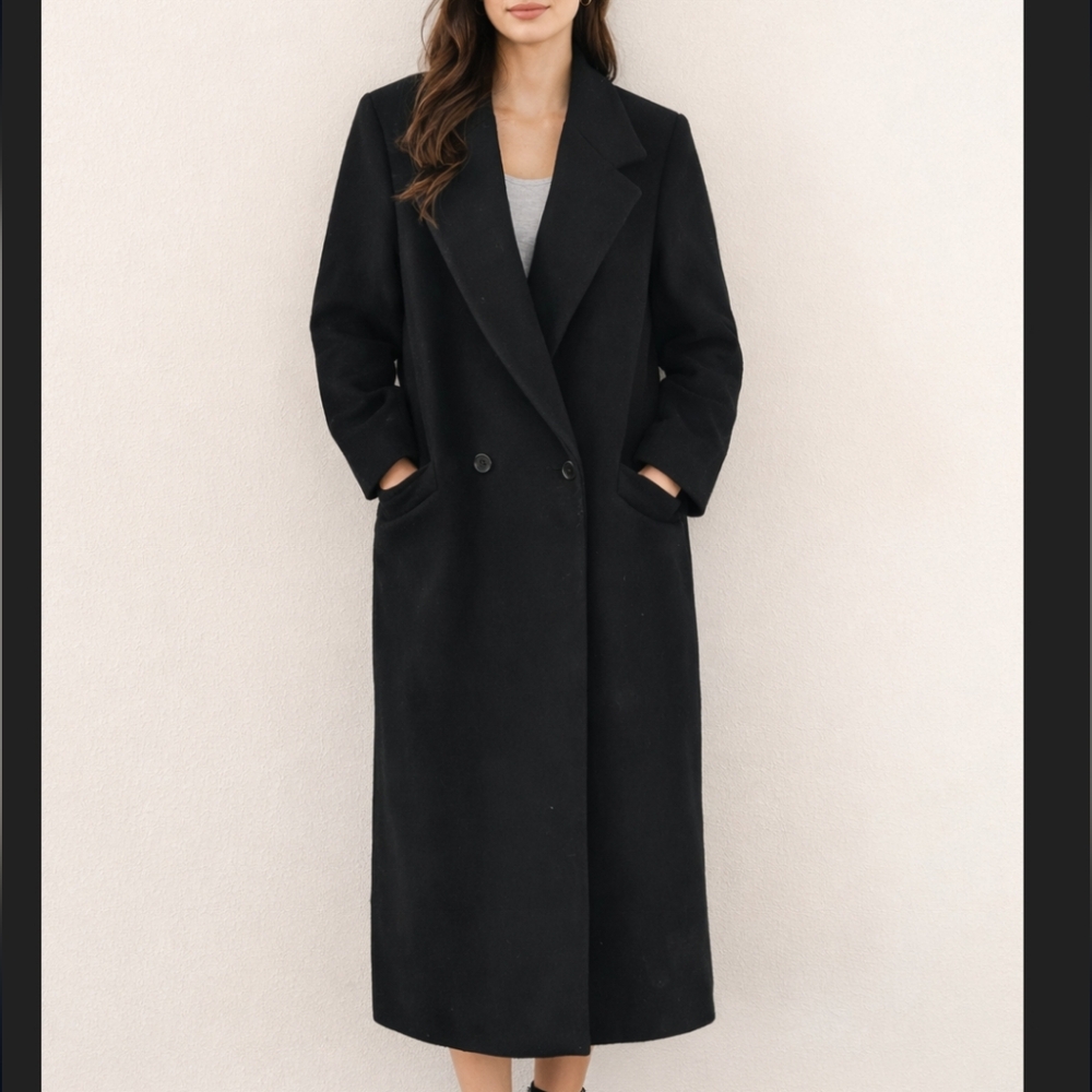 Karen Of Imported Fabric Black Long Wool Trench Coat Size 12